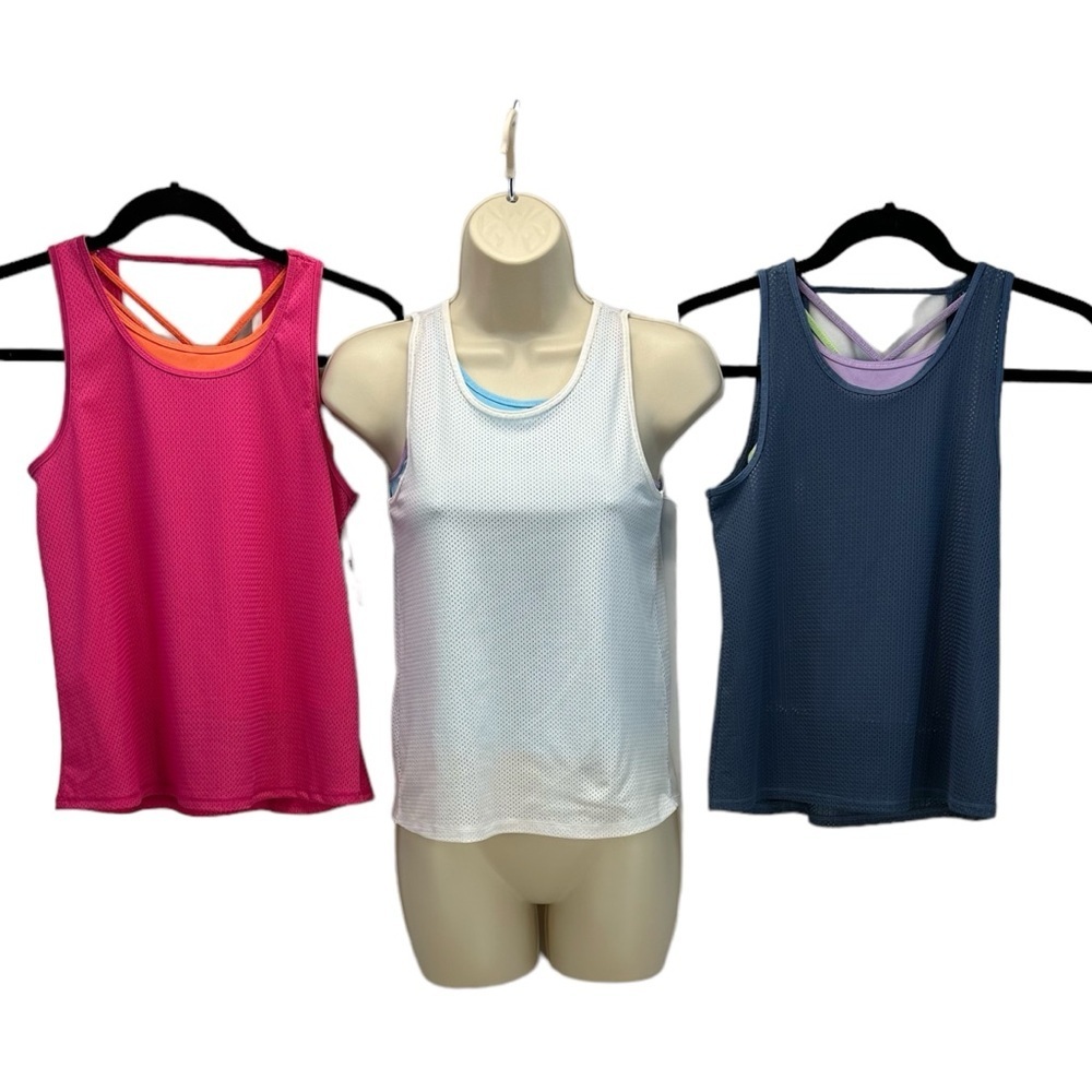 Ideology Sleeveless Layered Mesh Workout Tank Top -Bundle of 3 - White Blue Pink